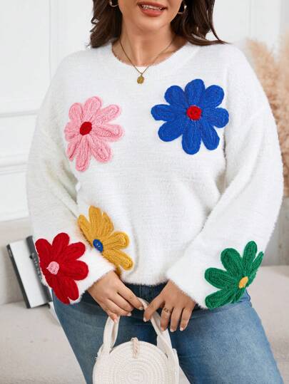 SHEIN LUNE Plus Size Women White Round Neck Colorful Dopamine Floral 3D Embroidery Long Sleeve Loose Casual Pullover Sweater, Christmas Sweater