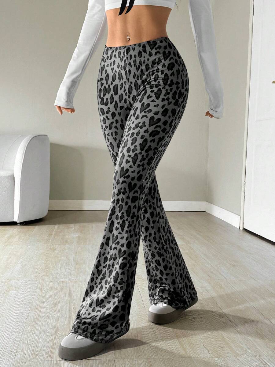 SHEIN EZwear 女款豹纹修身喇叭裤 - 灰色 - 查看 1