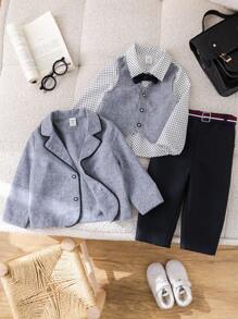 SHEIN 4pcs/Set Baby Boy Autumn/Winter Colorblock Ribbon Collar Long Sleeve Cardigan, Collar Shirt, Elastic Waist Pants Outfit With Belt, Suitable For Birthday Party, New Year, Christening, 1st Birthday, Party, Performance, Wedding, Baby Shower
