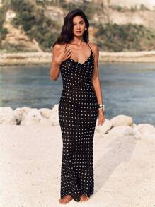 Opulessa Woven Classic Polka Dot Pattern Draped Neck Backless Dress With Fishtail Hem For Women,Polka Dot Dress - Black - View 5