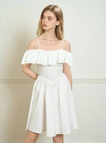 Teen Girls Off Shoulder Ruffled Trim A-Line Dress, Elegant Cinched Waist Fit And Flare Dress For Teen Girlsholiday,Summer,Travel,Getaway - White - View 4