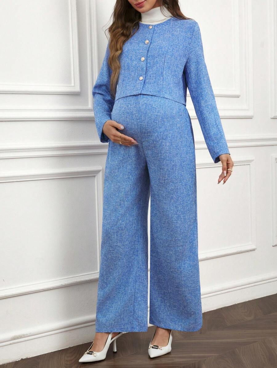 SHEIN 2Pcs Maternity Casual Set: Front Button Long Sleeve Top And Pants - Blue - View 1