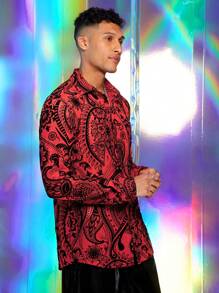 Manfinity VCAY Camisa casual de manga larga con botones delanteros y estampado, para uso diario en otoño - Rojo - Ver 4
