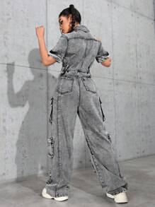 SHEIN EZwear 女士短袖单排扣休闲工装牛仔连体裤 - 灰色 - 查看 3