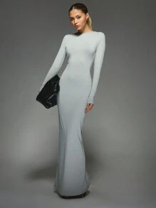 MISSGUIDED Jersey Round Neck Long Sleeves Bodycon Maxi Dress - Light Grey - View 1