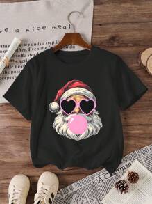 Áo thun tay ngắn in hình ông già Noel thường ngày cho bé gái tuổi teen, dành cho Giáng sinh - màu đen - Xem 1
