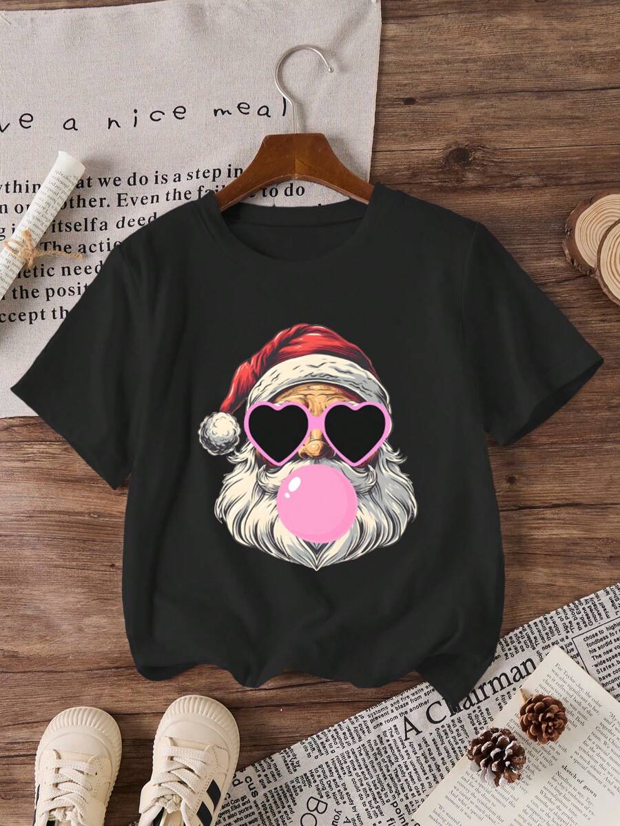 Áo thun tay ngắn in hình ông già Noel thường ngày cho bé gái tuổi teen, dành cho Giáng sinh - màu đen - Xem 1