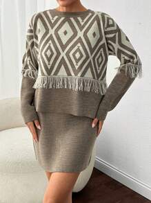 EURMUSE Traditional Pattern Round Neck Sweater With Tassel & Mini Sweater Skirt Co-Ords - Camel - View 1