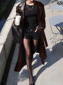 DAZY Women Long Solid Color Leather Jacket Regular Fit Coat,Fall Women Clothes - Brown - View 5