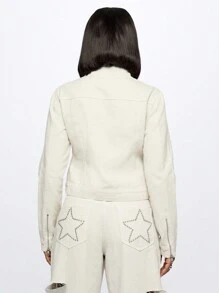 SUMWON WOMEN Designer Denim Trucker Jacket Fashion Streetwear Motorcycle Inspired Zip Front Stand Collar Statement Star Studded Back Pockets Fall Winter Outerwear - White - View 2