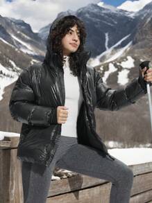 In My Nature Women Outdoor Sports Casual Urban Commute Super Warm Self-Heating Padded Coat, Shiny Black Winter Women Tops