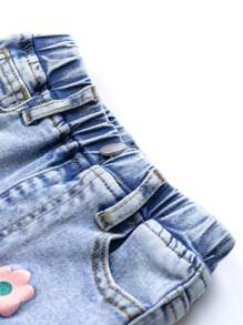 SHEIN Baby Girl Casual Fashion Cute Colorful Floral Print Washed Denim Flared Pants - Light Wash - View 3