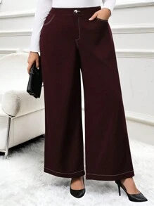 SHEIN Clasi Plus Size Solid Color Casual Trousers, Simple And Fashionable For Daily Wear,Autumn/Winter - Red Violet - View 1