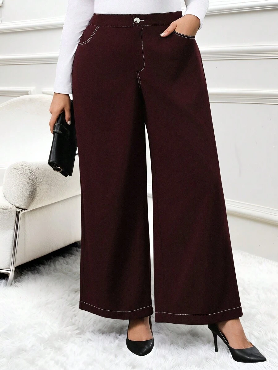 SHEIN Clasi Plus Size Solid Color Casual Trousers, Simple And Fashionable For Daily Wear,Autumn/Winter - Red Violet - View 1