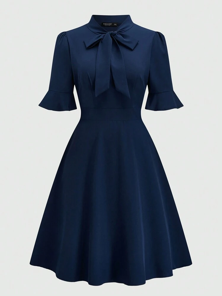 tie neck collared flare dress SHEIN Clasi Plus Size Women V-Neck Bowknot Ruffle Sleeve Elegant Dress,Office  Outfit