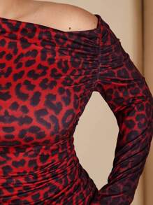 SHEIN BAE Plus Size Fall Sexy Wild Brown Leopard Pattern Knitted Print Asymmetric Long-Sleeved Mini Dress - Burgundy - View 7