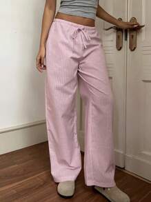 CovetEZ 女士粉色和白色条纹休闲家居长裤，适合秋冬季 - 彩色 - 查看 7