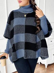Celure Plus Size High Neck Long Sleeve Plaid Simple Casual Pullover Sweater
