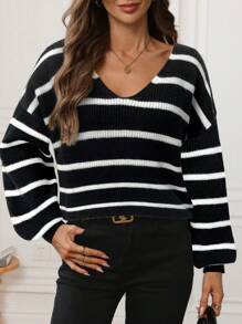 SHEIN LUNE V-Neck Open Back Tie-Up Striped Casual Commuting Outdoor Knitted Sweater For Women, Warm For Autumn/Winter