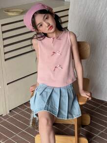 DAZY Áo tank top không tay cổ tròn màu trơn cho bé gái tuổi teen, có nơ trang trí, thích hợp cho mùa hè và năm học mới. - Hồng - Xem 7