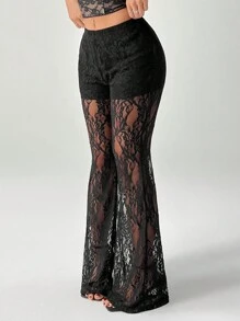SHEIN PETITE Women's High Waist Flare Lace Knit Vacation Pants - Black - View 1