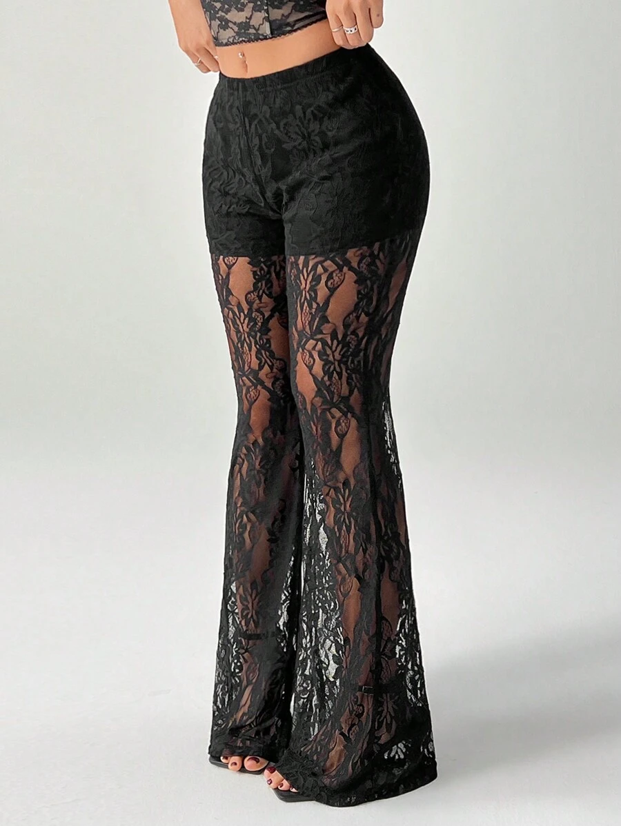 SHEIN PETITE Women's High Waist Flare Lace Knit Vacation Pants - Black - View 1