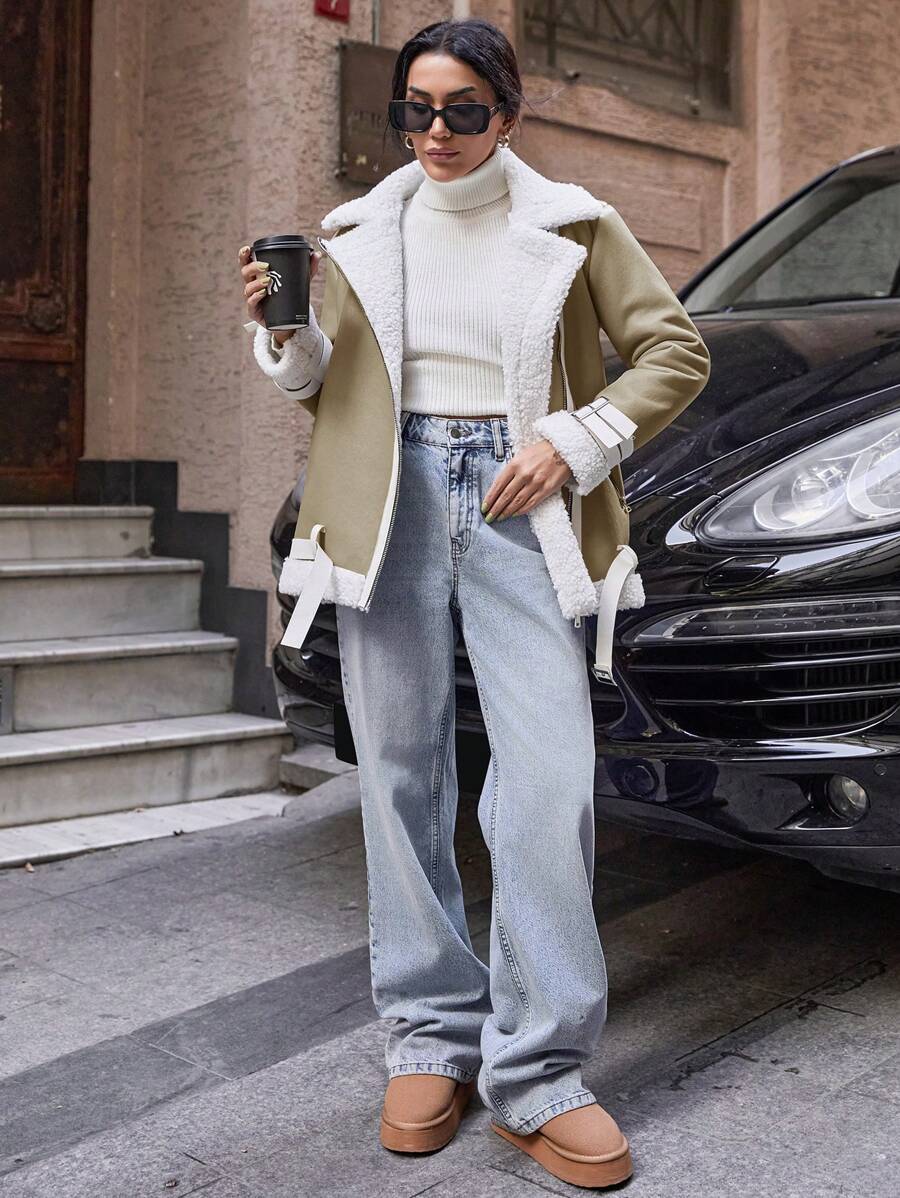 SHEIN PETITE Casual Contrast Color Lapel Thermal Lined Jacket, Autumn/Winter