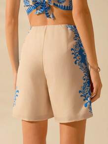 CAJUNI Women's Casual Summer Boho Blue Tropical Rhododendron & Pineapple Print Shorts - Blue and White - View 2