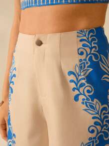 CAJUNI Women's Casual Summer Boho Blue Tropical Rhododendron & Pineapple Print Shorts - Blue and White - View 5