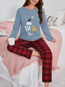100% Cotton 2Pcs  Santa Claus Printed Long Sleeve Shirt And Plaid Printed Sleep Bottom Christmas PJ Set - Blue - View 4