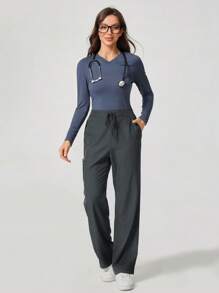 TaskEZ Women's Straight Loose Pocket Scrub Uniform Pants - Grey - View 4