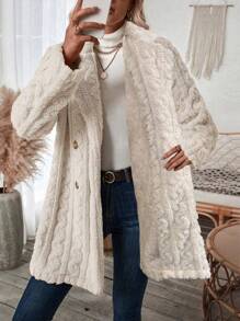 SHEIN LUNE Double Breasted Lapel Neck Flannelette Coat - Apricot - View 8