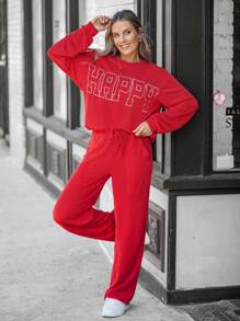 SHEIN LUNE Set de 2 piezas compuesto por sudadera con cuello redondo, estampado de letras y hombros caídos, talla grande pantalones de cintura elástica y pierna ancha para mujeres