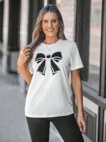 SHEIN LUNE Women Casual Round Neck Butterfly Print Fitted T-Shirt,Bow - White - View 4