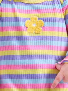 SHEIN Newborn Baby Girl Colorful Striped Long Sleeve Jumpsuit & Headband Set, Autumn/Winter - Multicolor - View 4