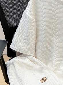 SHEIN Leap Crew 2pcs Teen Boys Casual Versatile Comfortable Warm Super Highly Attractive For Money Net Colour Textured Knit Leisure Printed Round Neck T-Shirt Shorts Suit;Suitable For Spring, Suitable For Spring/Summer Outing, Spring - White - View 4