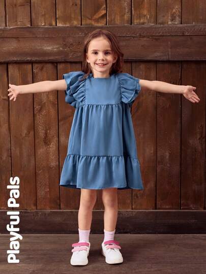 SHEIN 1 Pc Young Girls Ruffle Trim Swing Dress With Flutter Sleeves, Sweet Princess Style, Suitable For Casual, Outdoor, School Occasions, Ideal For Summer
