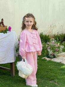 SHEIN LMoss Kids LMoss Young Girl 2pcs Young Girl Woven Striped Blouson Sleeve Loose Casual Blouse Andwide Leg Pants Sets,Bow Blouse, Great For Casual & Daily Wear - Pink - View 6