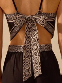 CAJUNI 女士波西米亚风热带花卉、椰子树、巨嘴鸟印花 V 领系带吊带背心，度假休闲夏季海滩吊带背心 - 黑與白 - 查看 6