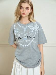 SHEIN Teenager Girls' Printed Necklace, Loose Dropped Shoulder Bow Print Pattern T-Shirt - Grey - View 1