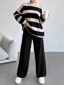 EURMUSE Striped Pattern Drop Shoulder Sweater & Knit Pants ,Petite Women - Black - View 4