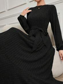 Mulvari Women Modest Long Knitted Sweater Dress, Round Neck Pullover For Everyday Wear, Autumn/Winter - Black - View 7