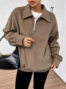 SHEIN EZwear Women Solid Color Zipper Casual Loose Fitting Long Sleeve Jacket - Brown - View 4