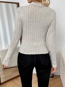 Chiquease Women's Solid Color Stand Collar Long Sleeve Hollow Out Slim Fit Ribbed T-Shirt, For Autumn - Grey - View 2