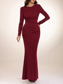 Modelyn 女式优雅纯色褶饰鱼尾连衣裙，秋季