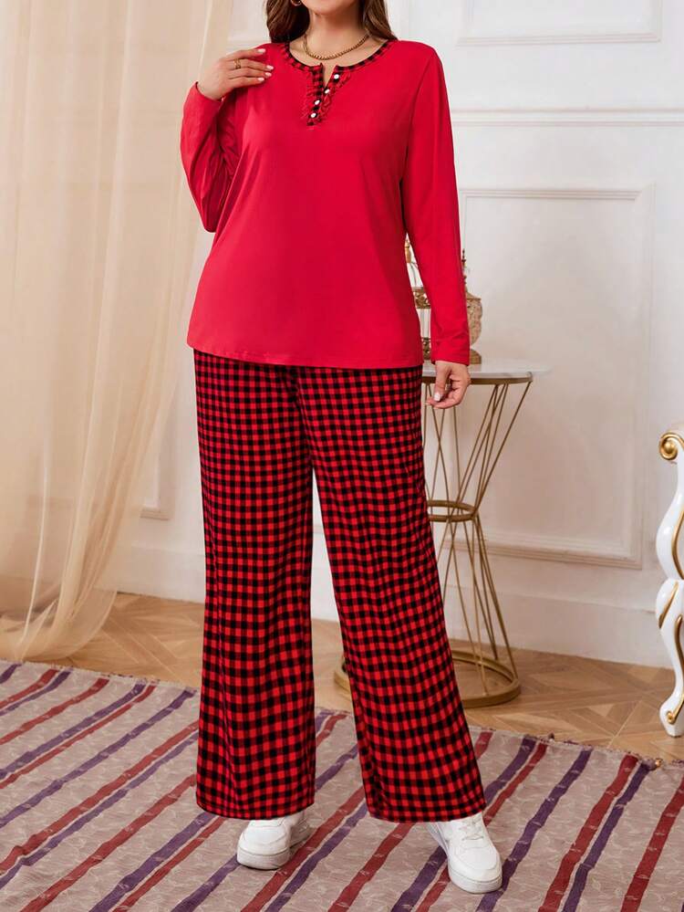 2pcs/Set Plus Size Solid Color Spliced Front Button Long Sleeve Simple Top And Long Pants Set,New Years Women Outfit,Valentine's Day,Spring