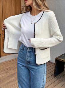 SHEIN LUNE Autumn And Winter New Ivory Contrast Airport Office Ladies Basic Lightweight Cardigan Winter - Beige - View 8