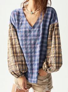 Bohemela Vacation Casual Colorful Plaid V-Neck Lantern Sleeve Loose Women's Shirt - Multicolor - View 5