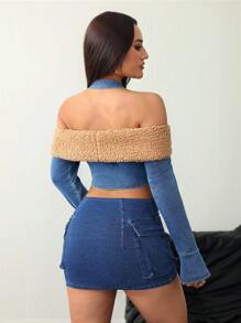 SHEIN ICON Women's Blue Denim Top One Shoulder Top Y2k Clothes Crop Tops