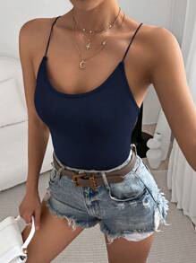 SHEIN Essnce 女士纯色露背吊带连身衣 - 藏蓝色 - 查看 3